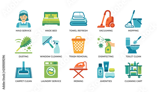 Cleaning service icons illustrating tasks in grid layout