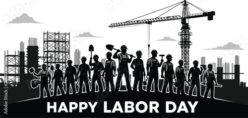 Construction workers silhouette with crane and tools
