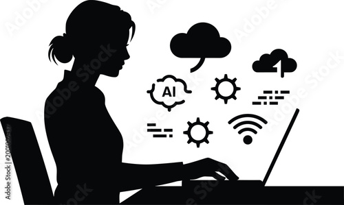 woman, laptop, ai, cloud, technology, silhouette, computer, internet, wireless, gears, speech bubble, symbols, working Woman working on laptop with ai, cloud, and technology
