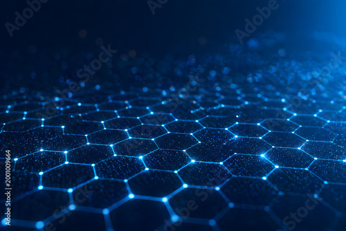 futuristic hexagonal tech grid pattern with glowing blue lines and dots on dark background high quality professional detailed modern elegant