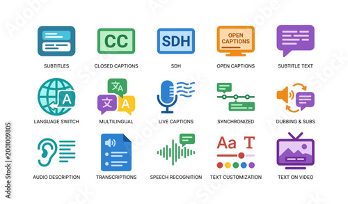 Captioning and subtitle accessibility icons arranged on white