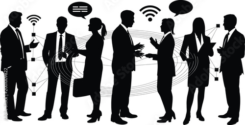 business, people, suits, communication, wifi, network, connection, teamwork, collaboration, office, professionals, silhouet Business people in suits communicating, connected by lines and wi fi symbols