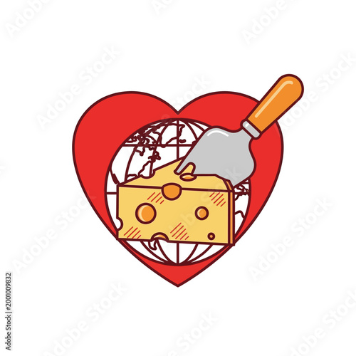 A heart shape frames a globe with a slice of Swiss cheese being cut by a spatula.