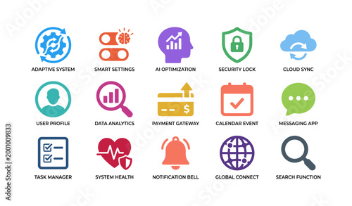 System and app icons showing features on white background