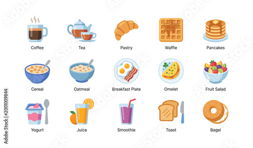 Breakfast food icons showing morning menu items on white background
