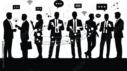 business, people, silhouettes, communication, speech bubbles, wi-fi, network, connectivity, technology, office, profess Business people communicating, silhouettes with speech bubbles and wi-fi symbols