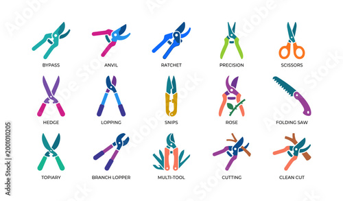 Pruning and gardening tool icons showing shears and saws on white