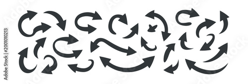 Set of curved and winding arrow symbols indicating movement, direction, and flow, vector art.