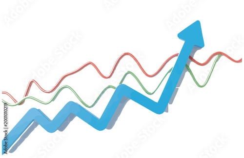 Blue arrow graph with red and green lines showing upward trend on white background
