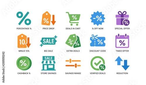 Discount and sale icons arranged in grid on white background