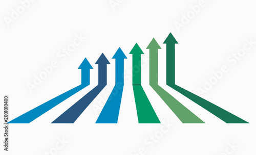 Seven multi-colored arrows in blue and green hues pointing upwards, representing diverse growth and progress.