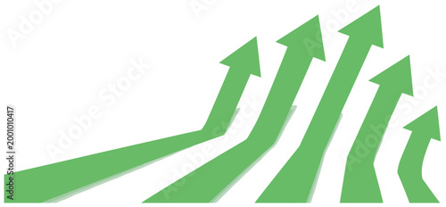 Five dynamic green arrows smoothly curving upwards and right, illustrating continuous business growth and progress.