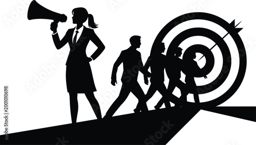 businesswoman, team, leadership, megaphone, target, bullseye, arrow, silhouettes, black, white, motivation, direction, goal, strategy, team Businesswoman leading team to target, megaphone, silhouettes