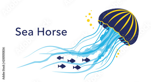 Sea horse, jellyfish, ocean creature, marine life, vector illustration, blue and yellow