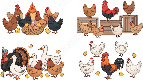 Farm Animals Vector Collection Featuring Chickens, Roosters, Turkeys, Ducks, and Baby Chicks for Agricultural and Wildlife Illustrations