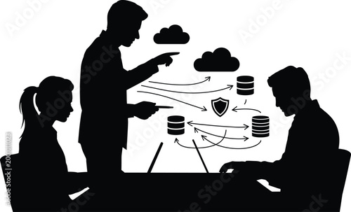 data security, cloud storage, database, silhouette, people, discussion, meeting, teamwork, collaboration, computer, Silhouette of three people discussing data security, with cloud storage and database