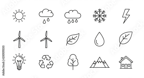 Eco friendly icons set including renewable energy recycling and nature symbols for sustainable living and environmental conservation