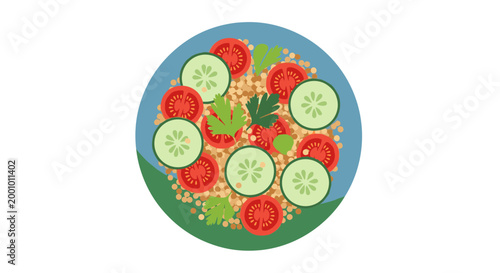 A vibrant plate of fresh salad with cucumbers and strawberries on a blue plate