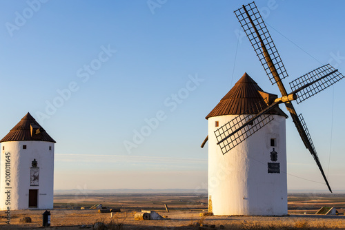 Spanish windmills standing on a Mota del Cuervo hillside