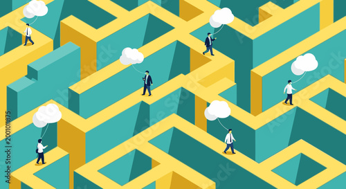Business people navigating a complex maze, symbolizing challenges, strategy, and problem-solving in corporate environments.