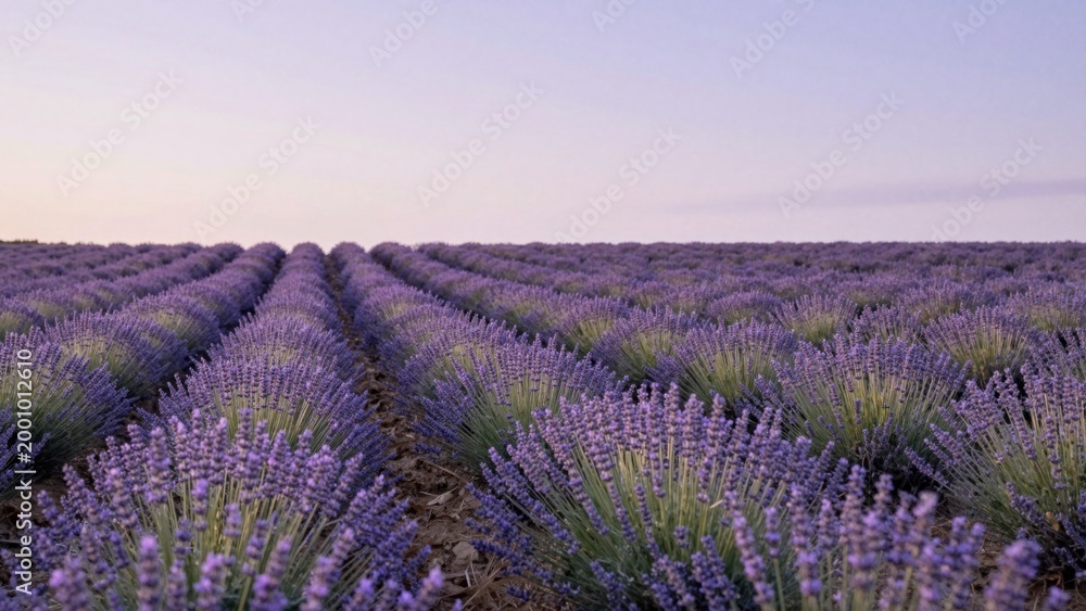 Obraz premium Lavender field blooming in parallel rows on open plain