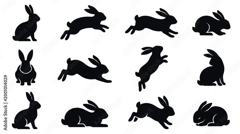 Obraz premium Collection of black rabbit silhouettes in various poses.