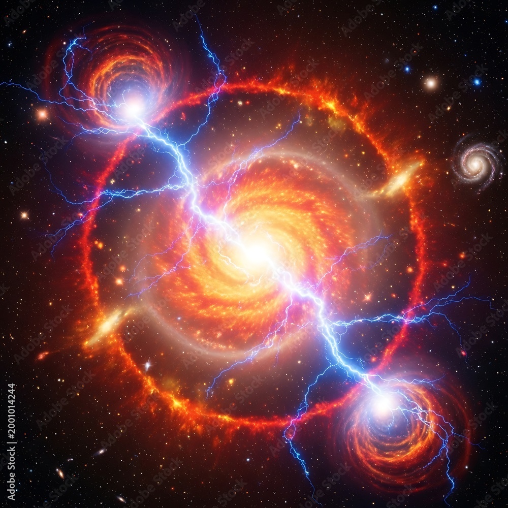 Obraz premium Fiery cosmic vortex with bright celestial energy and distant galaxies