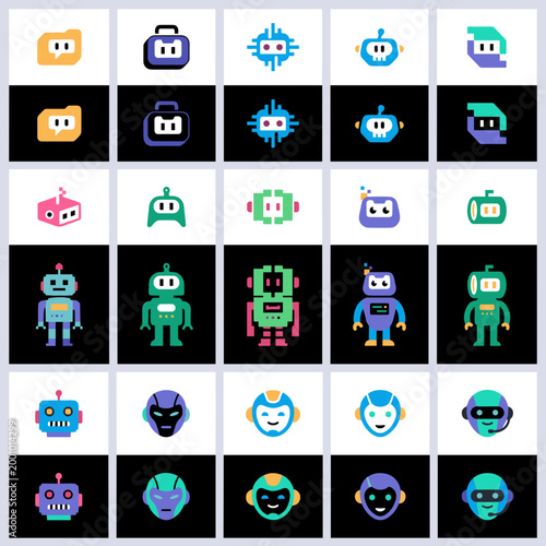 Robot Icon Set – Cute AI, Chatbot, and Futuristic Character Pixel and Flat Vector Icons