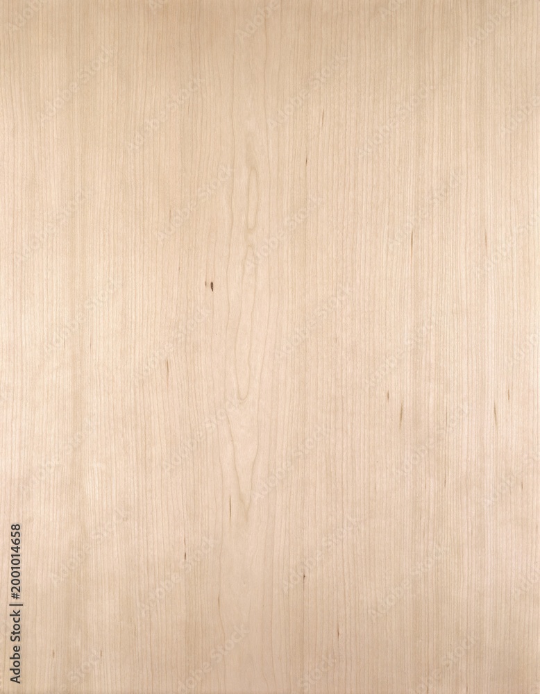 Obraz premium Natural cherry wood veneer with soft pinkish-beige tones, fine straight grain and small pin knots, refined warm wood texture.