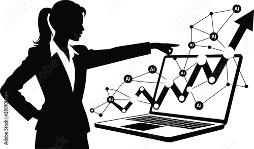 businesswoman, laptop, graphs, charts, silhouette, black, white, pointing, hand on hip, ponytail, suit jacket, computer screen, lines, Businesswoman interacting with laptop, graphs and charts emerging