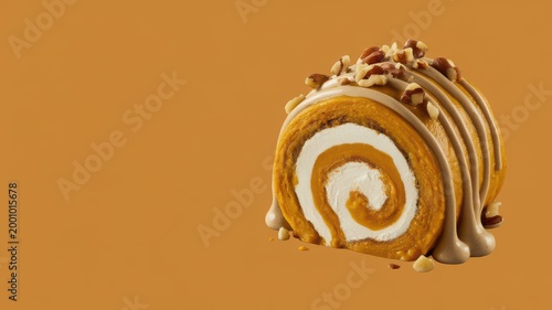 Pumpkin spice cake roll with cream cheese filling and nut topping on orange background