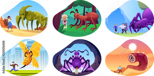 Insect monster scares people on nature or city scape, scary spider, beetle, bee, ant moth and worm attacks vector set