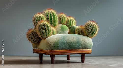 Surreal uncomfortable armchair made of green prickly cactus plants in an empty room. Business metaphor for toxic environment, painful situation or difficult negotiation