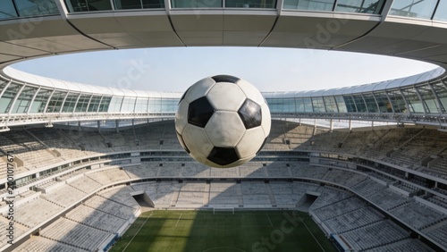 Floating black-and-white soccer ball hovering over grass pitch in modern stadium, showing seating