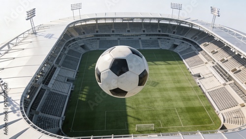 Dominating scuffed black white soccer ball sitting front at stadium, showing grass pitch