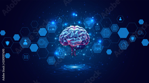 Futuristic low-poly human brain surrounded by digital technology icons. Concept of Artificial Intelligence, neural networks, and global data connectivity.