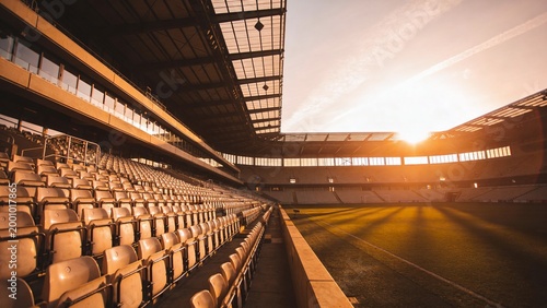 Showing tiered seats receding left at sports stadium, with grass pitch, roof beams, copy space