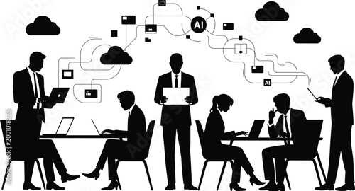 businesspeople, suits, laptops, cloud computing, ai, network, workflow, teamwork, office, communication, technology, internet, coll Businesspeople in suits with laptops, cloud computing and ai network