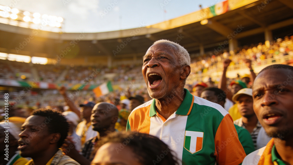 Obraz premium Shouting senior fan in green orange white jersey with shield crest in stadium, waving scarf