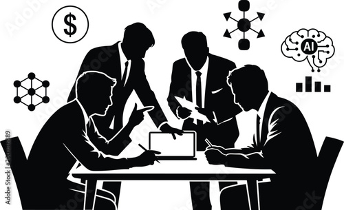 Business meeting with ai and finance symbols, four suited men discussing business meeting, finance, ai, artificial intelligence, money, graph, brain, molecular structure, four men, suits, table, discu