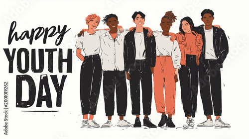 Diverse teenagers standing together in minimalist fashion vector style for International Youth Day posters and social campaigns.