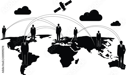 global business, connections, silhouette, map, communication, international, network, people, suit, globe, earth, satellite, clouds, lines, arc Global business connections, silhouette of people on map