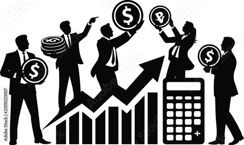 business, finance, people, suits, currency, dollars, yuan, graph, chart, calculator, statistics, economy, gr Business people in suits holding currency symbols and standing on a graph with a calculator