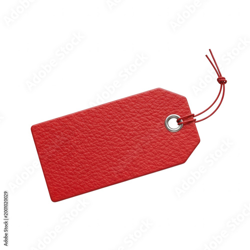 Red gift tag with ribbon on white background