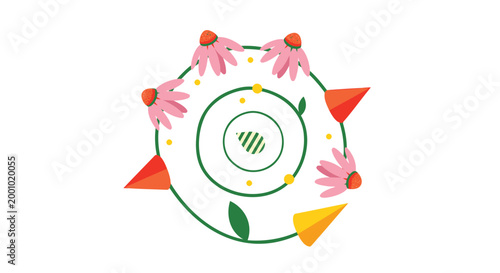Eco friendly, recycling symbol, floral wreath, green circle, colorful icons