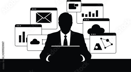 silhouette, businessman, laptop, web browser windows, cloud, email, graphs, charts, data analysis, techn Silhouette of a businessman working on a laptop, surrounded by web browser windows with various