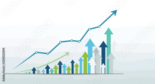 Visualizing financial growth and business success, represented by dynamic upward arrows and a rising line graph, indicating positive market progress