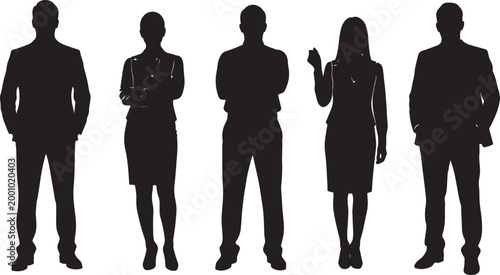 Five black silhouettes of business people in formal attire standing against white background, also transparent background
