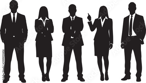 Five black silhouettes of business professionals in suits, standing against a white background, with one woman pointing also transparent background