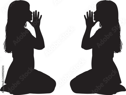 Two black silhouettes of girls kneeling and whispering secrets to each other also transparent background